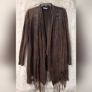 Women's Vocal Distressed Fringe Waterfall Rhinestone Cardigan sz SMALL  EUC